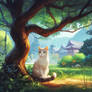 Cat under a tree digital illustration