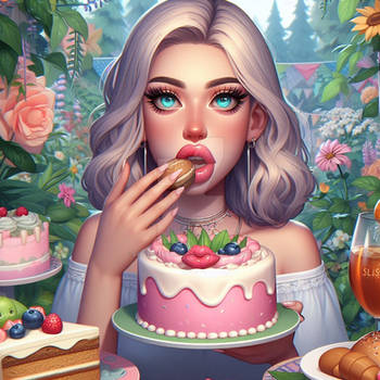 Girl eats cake digital illustration portrait