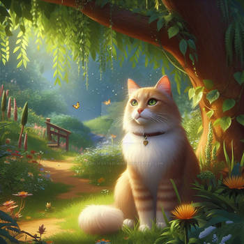 Cat under a tree digital illustration