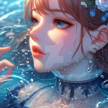 Girl halfway under water portrait digital illustra