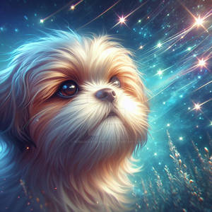 Puppy looks up at the sky digital illustration