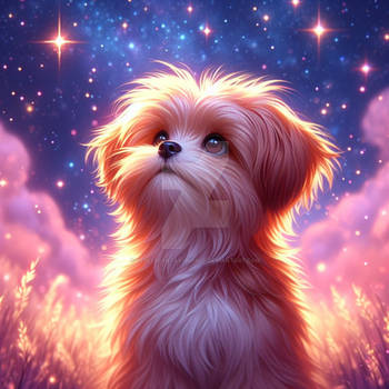 Puppy looks up at the sky digital illustration