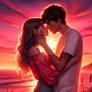 Couple kiss in the sunset digital illustration