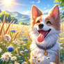 Happy dog in meadow spring digital illustration