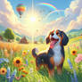 Happy dog in meadow spring digital illustration
