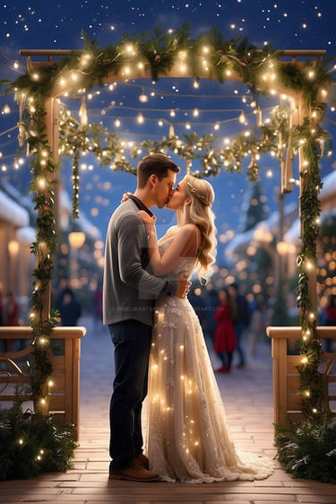 Couple kissing in fairy lights digital