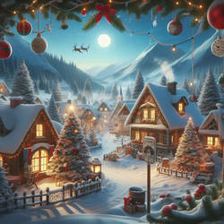 Christmas card village winter digital illustration