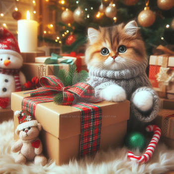 Cat with gift christmas digital illustration