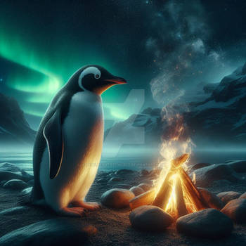 Penguins at campfire digital illustration