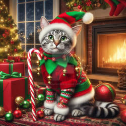 Cute cat in elf hat christmas digital illustration