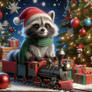Raccoon on a train christmas digital illustration
