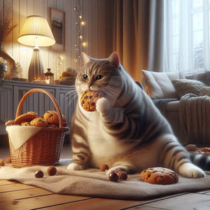 Fat cat eats a cookie digital illustration