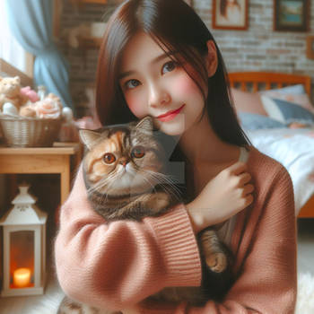 Girl with cat portrait digital illustration