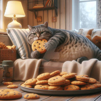 Fat cat with cookie digital illustration