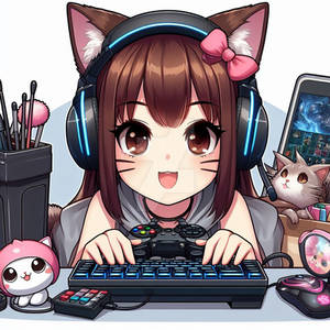 Gamer girl cartoon with cat ears digital