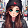 Girl with beanie in busy street cartoon