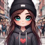 Girl with beanie in busy street cartoon