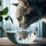 Cat drinks water digital illustration