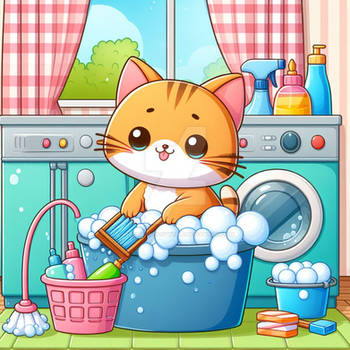 Cartoon cat washes clothes digital illustration