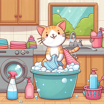 Cartoon cat washes clothes digital illustration