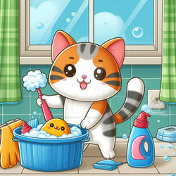 Cartoon cat washes clothes digital illustration