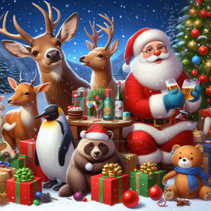 Christmas animals santa digital illustration