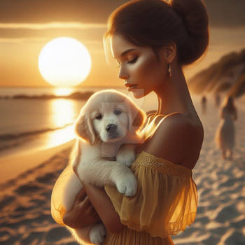 Girl with dog in the sunset digital illustration
