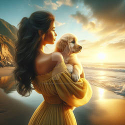 Girl with dog in the sunset digital illustration