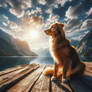 Dog sits in sunrise nature digital illustration