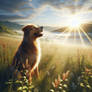 Dog sits in sunrise nature digital illustration