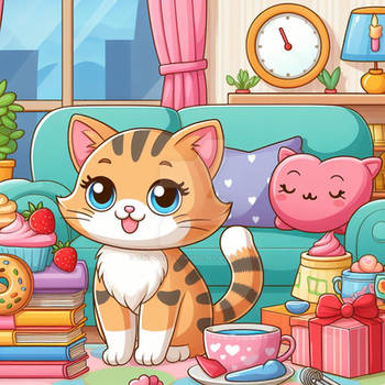 Cat in living room cartoon digital illustration