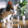 Cat drinks water digital illustration