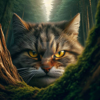 Angry cat in forest digital illustration