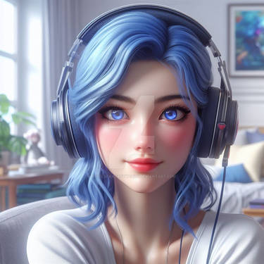 Gamer girl with blue hair digital 3D