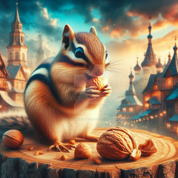 Chipmunk eats nut digital illustration