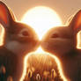 Cute kissing rabbits in sunset digital illustratio