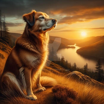 dog in sunset thoughtful digital illustration