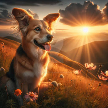 dog in sunset thoughtful digital illustration