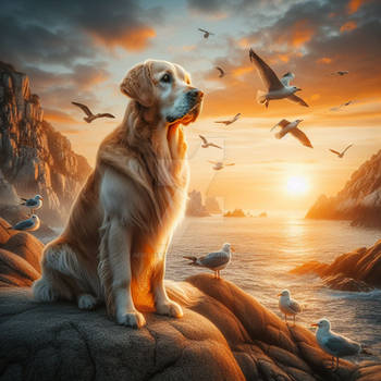 dog in sunset thoughtful digital illustration