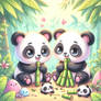 Sweet pandas eat bamboo digital illustration