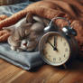 Sleepy cat with alarm clock digital illustration