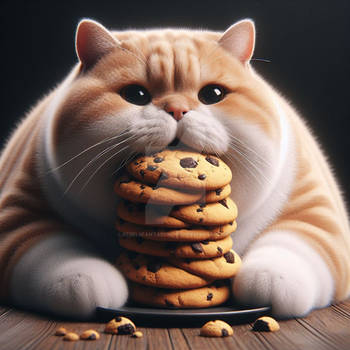 Fat cat eats a cookie digital illustration