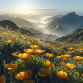 Gold flowers in meadow digital illustration