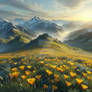 Gold flowers in meadow digital illustration