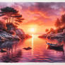 Sunset nature lake digital illustration