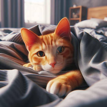 Sleepy cat in bed digital illustration