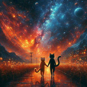 Two cats walk off in the night 3D