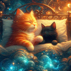 Sleepy cats in bed digital illustration