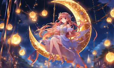 Girl on the moon nighttime wallpaper