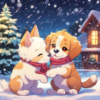 Sweet pets in winter digital illustration